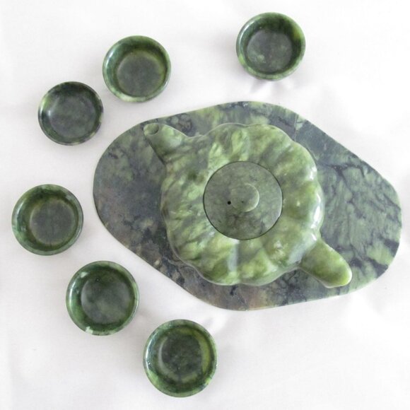 Vintage Asian Jade Teapot Cups and Tray Set in Original Box - Picture 3 of 16